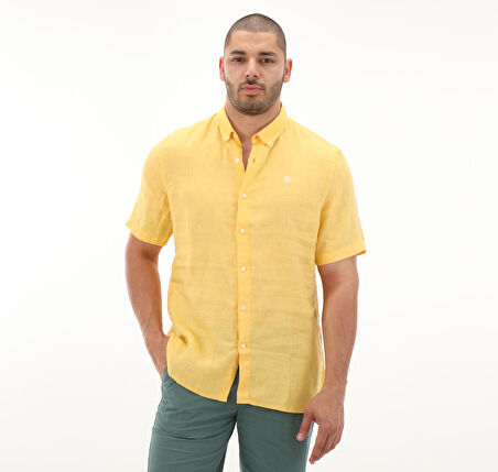 B0A2DCCEG41-R Timberland Linen Short Sleeve Shirt Erkek T-Shirt Sarı