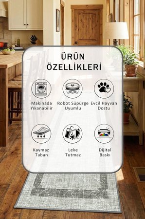 Lky 0019 Gri Modern Mutfak Halısı Yıkanabilir Kaymaz Su İtici