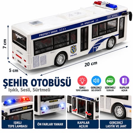 20 cm Polis Otobüsü Oyuncak – Işıklı, Sesli, Sürtme Mekanizmalı
