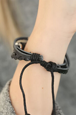 Siyah Renkli Sonsuzluk Tasarım Çoklu Deri Kadın Bileklik