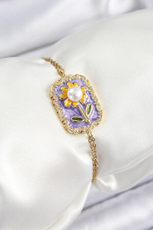 316L Çelik Zincir Mor Mineli Sanatsal Portre İnci Detaylı Papatya Model Gold Renk Kadın Bileklik