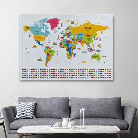 Harita Sepeti Dünya Haritası Ülke Bayraklı ve Başkentli Kanvas Tablo 1949