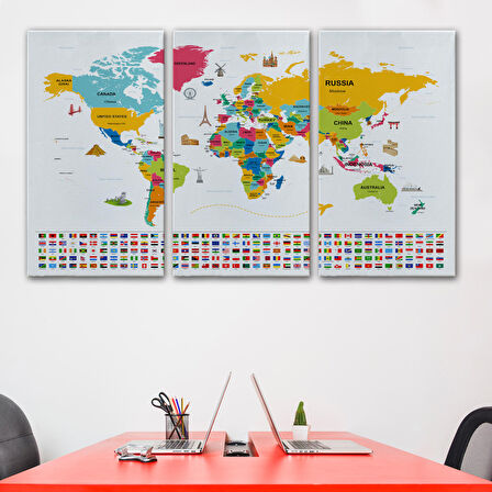 Harita Sepeti Dünya Haritası Ülke Bayraklı ve Başkentli Kanvas Tablo 1949