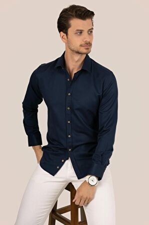 Lacivert Kahve Düğmeli Slimfit Gömlek