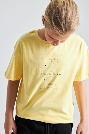 Futbol Sahası Desenli %100 Pamuk Erkek Çocuk  Oversize Tişört