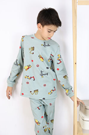 Erkek Çocuk Baskılı interlok Kumaş Uzun Kollu Pijama Takımı