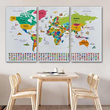 Harita Sepeti Türkçe Dünya Haritası Ülke Bayrak ve Başkentli Kanvas Tablo 1950