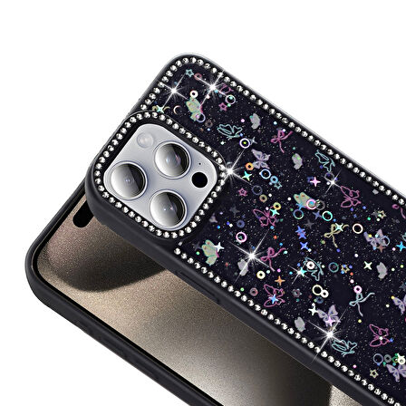 Gpack Apple iPhone 15 Pro Max uyumlu Kılıf Simli ve Taşlı Dizayn Azra Kapak
