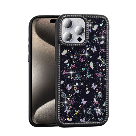 Gpack Apple iPhone 15 Pro Max uyumlu Kılıf Simli ve Taşlı Dizayn Azra Kapak