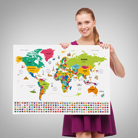 Harita Sepeti Dünya Haritası Ülke Bayraklı ve Başkentli Kanvas Tablo 1951