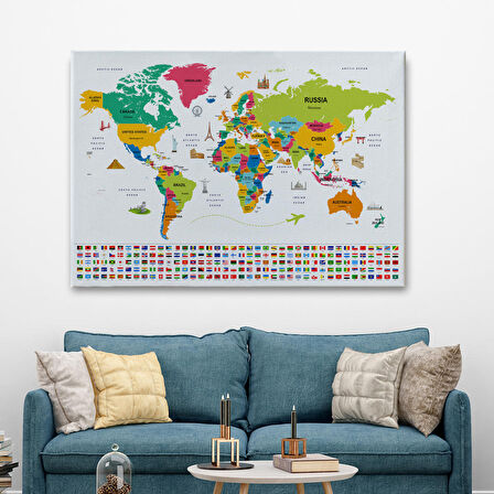 Harita Sepeti Dünya Haritası Ülke Bayraklı ve Başkentli Kanvas Tablo 1951