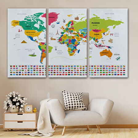 Harita Sepeti Dünya Haritası Ülke Bayraklı ve Başkentli Kanvas Tablo 1951