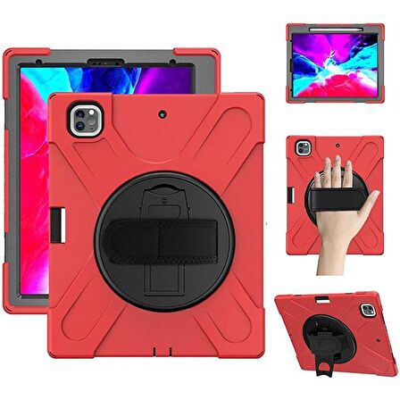 Ally İPad Pro 12.9-inch (2021)-(2020) Kılıf Kalem Yerli 3 Katmanlı Standlı Zırh Kılıf-Shockproof KIRMIZI