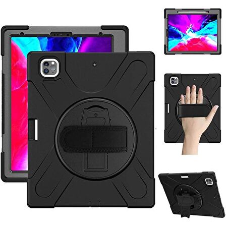 Ally İPad Pro 12.9-inch (2021)-(2020) Kılıf Kalem Yerli 3 Katmanlı Standlı Zırh Kılıf-Shockproof SİYAH