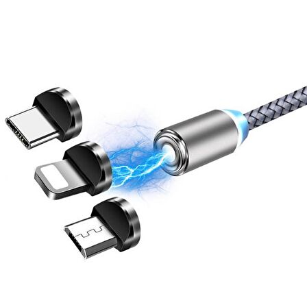 ALLY 2M Magnetic-Mıknatıslı Usb Şarj Kablosu 3 Başlık（iPhone+Type-C+Micro