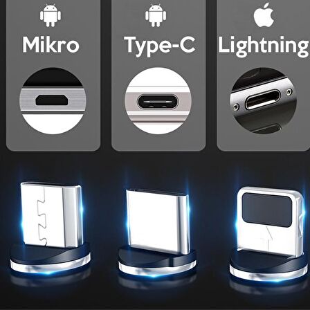 ALLY 2M Magnetic-Mıknatıslı Usb Şarj Kablosu 3 Başlık（iPhone+Type-C+Micro