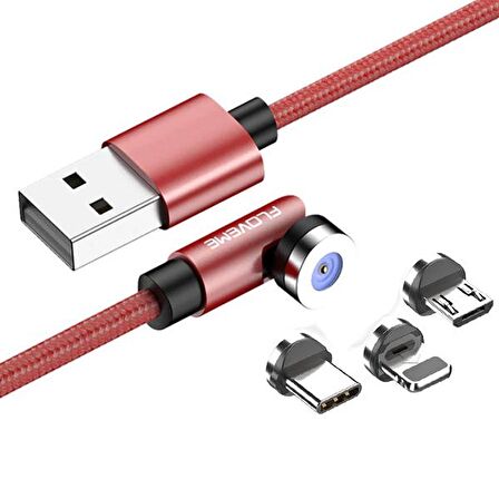 Floveme 540 Dönebilen Mıknatıslı Usb Şarj Kablosu 3 Başlık（iPhone+Type-C+Micro 1M KIRMIZI