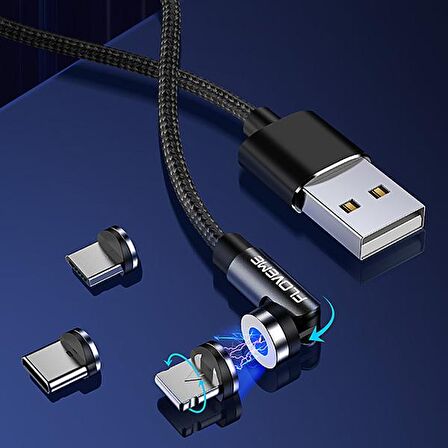 Floveme 540 Dönebilen Mıknatıslı Usb Şarj Kablosu 3 Başlık（iPhone+Type-C+Micro 1M KIRMIZI