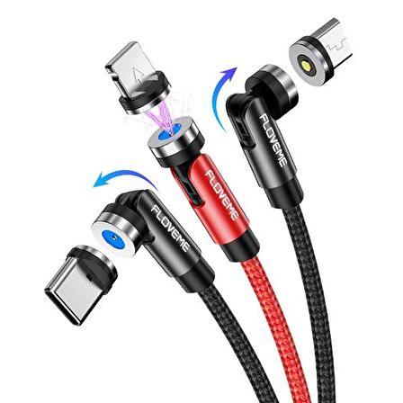 Floveme 540 Dönebilen Mıknatıslı Usb Şarj Kablosu 3 Başlık（iPhone+Type-C+Micro 1M KIRMIZI