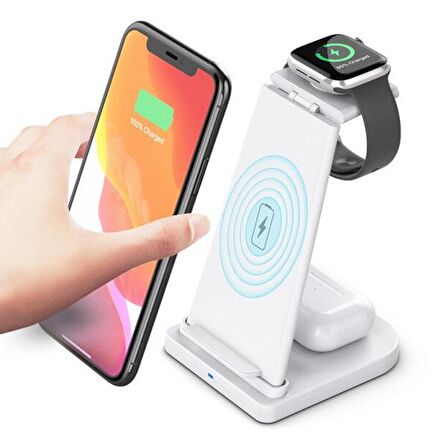 ALLY 15W 3in1 Şarj Standı Wireless Kablosuz Şarj iPhone+iWatch+AirPods YM-UD21 BEYAZ