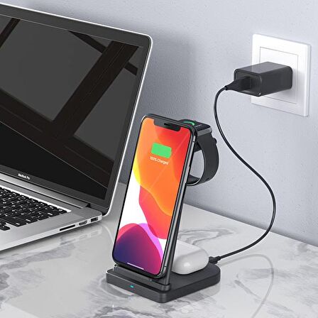 ALLY 15W 3in1 Şarj Standı Wireless Kablosuz Şarj iPhone+iWatch+AirPods YM-UD21 SİYAH