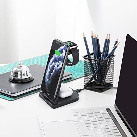 ALLY 15W 3in1 Şarj Standı Wireless Kablosuz Şarj iPhone+iWatch+AirPods YM-UD21 SİYAH