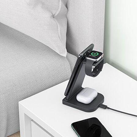 ALLY 15W 3in1 Şarj Standı Wireless Kablosuz Şarj iPhone+iWatch+AirPods YM-UD21 SİYAH