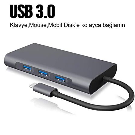 ALLY 10 İN 1 HDMI VGA RJ45 PD USB 3.0 HUB Adaptör Çoklayıcı GRİ