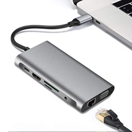ALLY 10 İN 1 HDMI VGA RJ45 PD USB 3.0 HUB Adaptör Çoklayıcı GRİ
