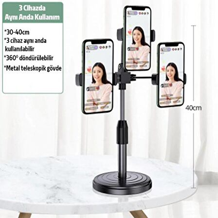 Ally Tripod Üçlü Telefon Tutucu Stand Youtuber, Canlı Yayın Selfie Tiktok Makeup SİYAH