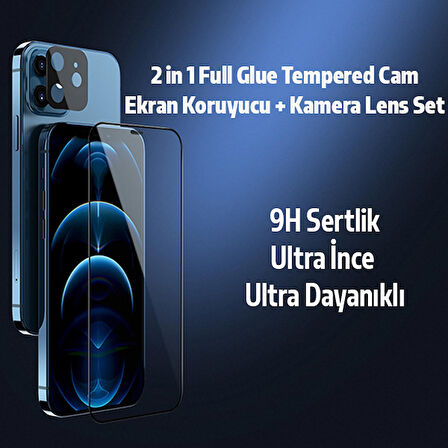 İPhone 12 Mini 2İN1 Full Glue Tempered Cam Ekran Koruyucu +Kamera Lens Set