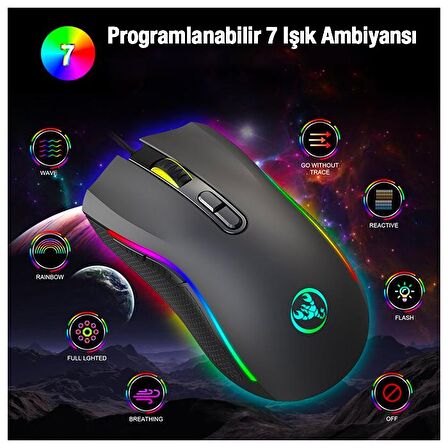 HXSJ A869 7200DPI Ayarlanabilir RGB Işık Gaming Oyuncu Mouse SİYAH