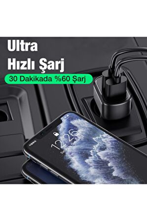 Uslion 30w 2 Usb + Type-c Girişli Qc3.0 Hızlı Araç Çakmaklık Şarjı Siyah