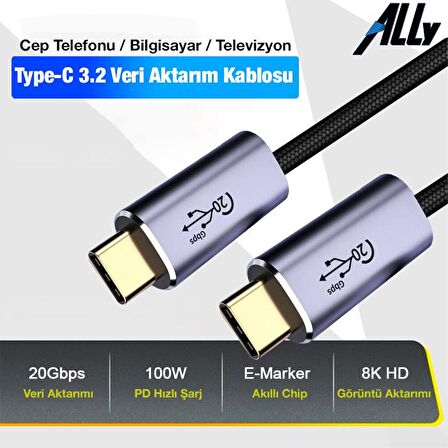 Ally 20Gbps 100W Type-C Macbook 8K Görüntü ve Data Şarj Kablosu 2 Metre SİYAH