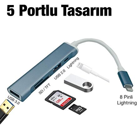 Ally S-503 5in1 Lightning to USB + SD Kart Hub Adaptör Çevirici Dönüştürücü FÜME