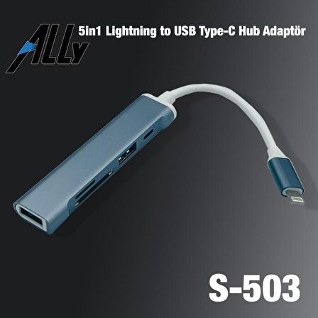 Ally S-503 5in1 Lightning to USB + SD Kart Hub Adaptör Çevirici Dönüştürücü FÜME