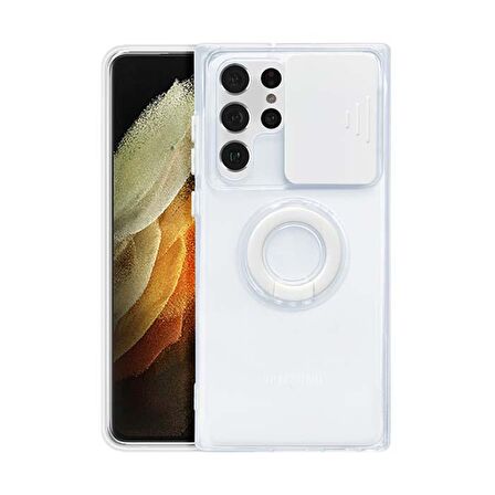 SM Galaxy S22 Ultra Kılıf Sürgülü Kamera Lens Korumalı Yüzük Standlı Silikon Kılıf