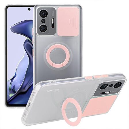 Ally Xiaomi 11T - 11T Pro 5G Kılıf Sürgülü Kamera Lens Korumalı Yüzük Standlı Silikon Kılıf