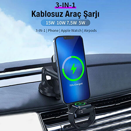 Wireless Şarjlı 3in1 Torpido Üstü Ve Havalandırma Telefon, Kulaklık, Saat Tutucu (Siyah)