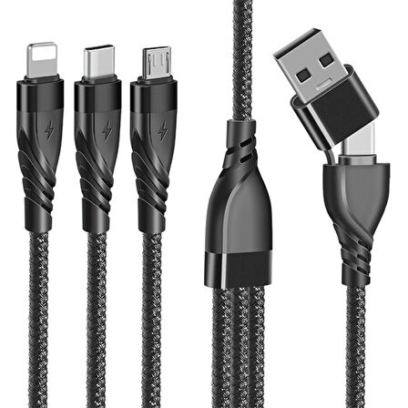 3in1 Type-C + USB To Lightning + Type-c + Micro Usb Şarj ve Data Kablosu (Siyah)