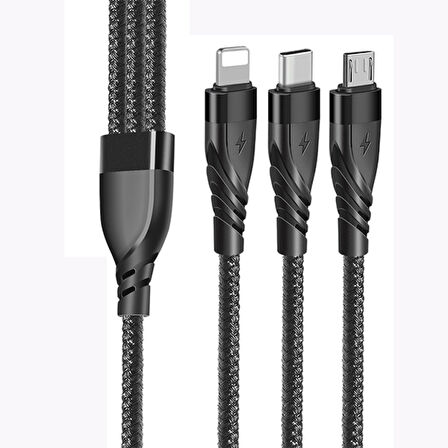 3in1 Type-C + USB To Lightning + Type-c + Micro Usb Şarj ve Data Kablosu (Siyah)