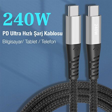 240W Type-C To Type-C Laptop Telefon Hızlı Data ve Şarj Kablosu