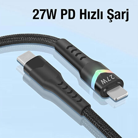 Led Işıklı 27W Type-C To iPhone Lightning Hızlı Şarj Kablosu 1m