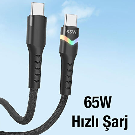 Led Işıklı 65W Type-C To Type-C Hızlı Şarj Halat Kablo 1m