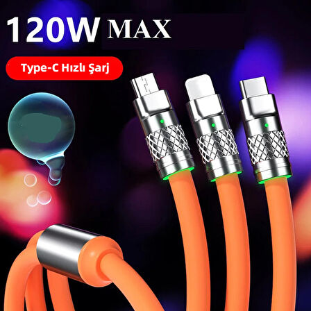 3 in 1 Usb to Type-C + Micro Usb + Lightning 120W Hızlı Şarj Kablosu