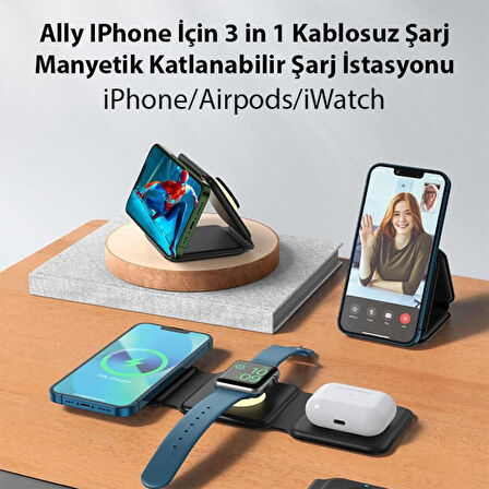 IPhone İçin 3 in 1 Kablosuz Şarj Manyetik Katlanabilir Şarj İstasyonu