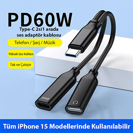 İphone 15 İçin Type-c Şarj + kulaklık 2İn1 Çevirici Adaptör 60W