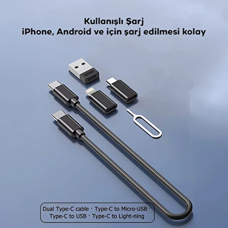 5in1 iPhone+ Type-C+ USB Seyahat için 60W Hızlı Şarj Kablo Seti (Siyah)