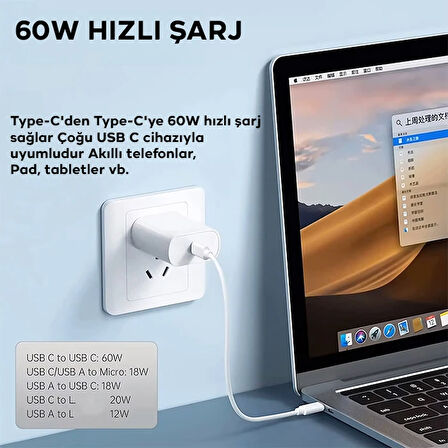 5in1 iPhone+ Type-C+ USB Seyahat için 60W Hızlı Şarj Kablo Seti (Beyaz)