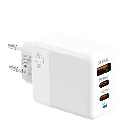 ALLY PD40 2xType-C + USB QC3.0 PD 45W Hizli Sarj Adaptörü Sarj Basligi